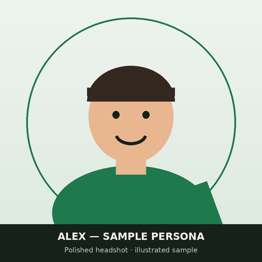 Polished headshot — illustrated sample for the sample persona